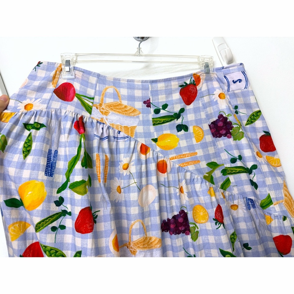 Lisa Says Gah Maeve Picnic Alfresco Midi Skirt Food Vegetable Blue Gingham 2XL - Picture 4 of 15